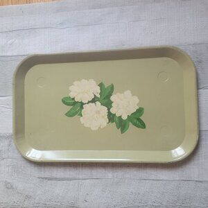 Vintage Rectangular Metal Floral Serving Tray With White Flowers & Green Leaves
